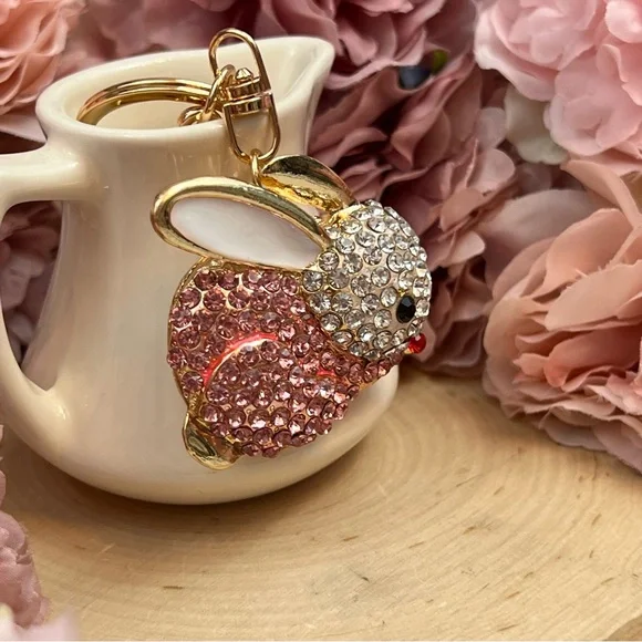 Pale Pink and Silver Crystal Bunny Rabbit Keychain Charm - Picture 4 of 12